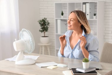 Ofisinde elektrikli yelpazesi olan güzel, olgun, mutlu bir iş kadını.