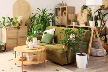 Oturma odasının içinde yeşil kanepe, masa ve bitkiler.