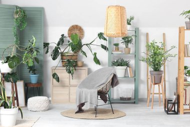 Aydınlık oturma odasının içinde koltuk, raf üniteleri ve farklı bitkiler var.