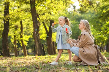 Mutlu anne ve küçük kızı sonbahar günü parkta sabun köpüğü üflüyorlar.
