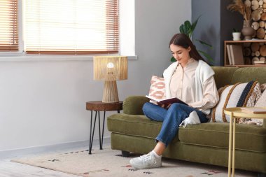 Oturma odasındaki kanepede oturmuş kitap okuyan güzel genç bir kadın.