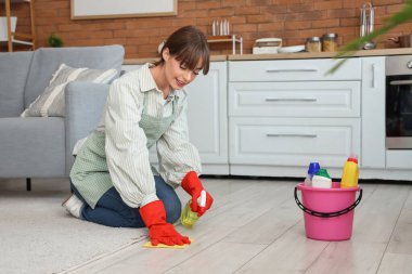 Paçavra ve spreyle evde yerleri temizleyen güzel bir kadın.