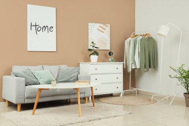 Odanın içinde elbise askısı, kanepe ve çekmeceler var.