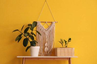 Sarı duvarda bitkiler ve duvar halısı olan masa.