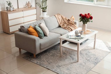 Konforlu kanepe ve vazodaki yıldız çiçekleri oturma odasındaki cam sehpanın üzerinde.