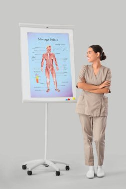 Hafif arka planda masaj noktaları posteri olan kadın terapist.