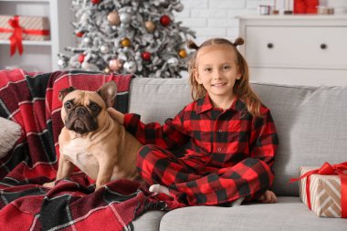 Fransız bulldog 'u ve sıcak battaniyesiyle Noel arifesinde evdeki kanepede oturan tatlı küçük kız.