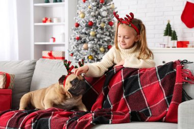 Sevimli küçük kız ve evde saç bandı takan Fransız bulldog.