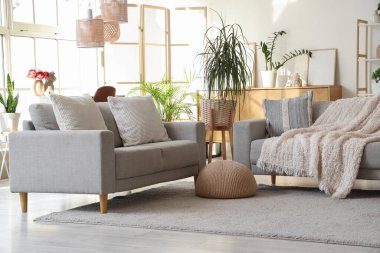 Gri kanepeler, katlanır ekran ve bitkilerle dolu oturma odasının içinde.