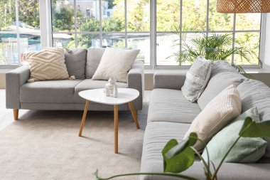 Gri kanepeleri, masası ve penceresi olan aydınlık oturma odasının içinde.