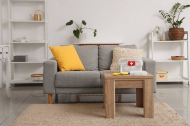 Masada kanepe ve ilk yardım çantasıyla aydınlık oturma odasının içinde.