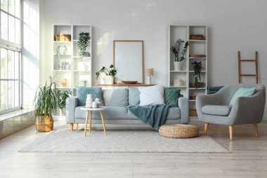 Oturma odasının içinde kanepe, koltuk ve yeşil bitkiler var.