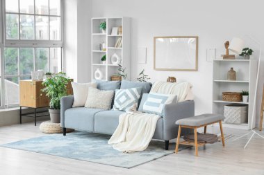 Gri kanepeli, raf üniteli ve çerçeveli aydınlık oturma odasının içi