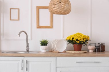 Bulaşıklı kasımpatı çiçekleri ve mutfaktaki tezgahlara lavabo