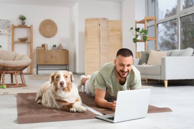 Avustralyalı çoban köpeği olan sportif genç adam evde dizüstü bilgisayar kullanıyor.