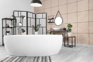 Banyonun içinde küvet, lavabo ve katlanır ekran var.