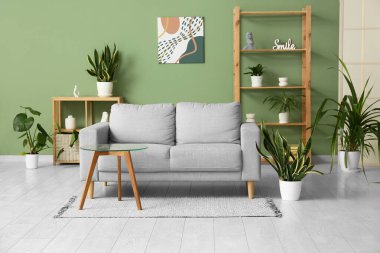 Modern oturma odasının içinde rahat bir kanepe, masa ve bitkiler.