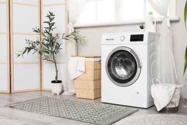 Çamaşır sepetleri, çamaşır makinesi ve pencerenin yanındaki ev bitkisi.