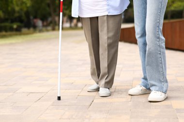 Kör yaşlı kadın ve torunu parkta yürüyor.