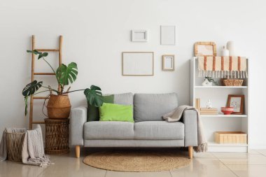 Rahat bir kanepe, raf ünitesi ve oturma odasının içindeki Monstera bitkisi.