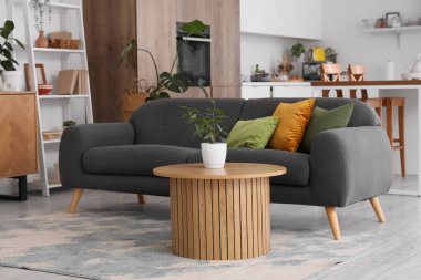 Kanepe, masa ve yeşil bitkilerle aydınlık mutfağın içinde.