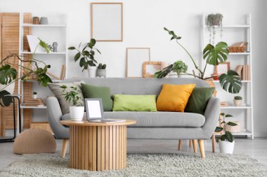 Kanepe, raf üniteleri ve yeşil bitkilerle aydınlık oturma odasının içinde.