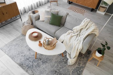 Gri kanepesi, masası ve bitkisi olan oturma odasının içinde.