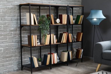 Kitaplığı, bitkileri ve parlayan lambası olan oturma odasının içinde.