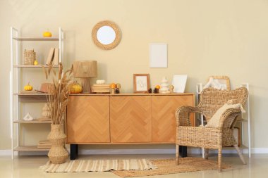 Koltuk, çekmece sandığı ve oturma odasının içindeki raf ünitesi.