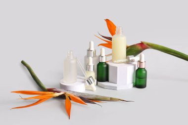 Beyaz arka planda güzel strelitzia çiçekleri ve sıva podyumları olan kozmetik ürünleri şişeleri