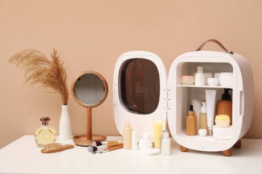 Kozmetik ürünleri, ayna ve otlarla kaplı küçük buzdolabı kahverengi duvarda.