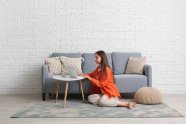 Genç ve güzel bir kadın evdeki gri kanepenin yanında dizüstü bilgisayar kullanıyor.