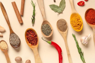 Renkli arka planda ahşap kaşıklarla taze aromatik baharatlar kompozisyonu