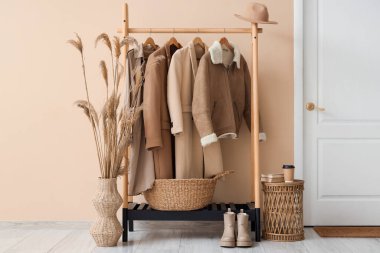 Modern koridorda bej duvarın yanında sehpalı ve kuru kamışlı ceketler.