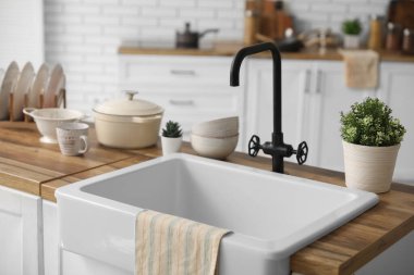 Lavabo, ev bitkileri ve mutfak tezgahının içindeki farklı aletler.