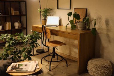 Akşamları dizüstü bilgisayarı ve ev bitkileriyle modern stil işyeri