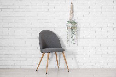 Odadaki beyaz tuğla duvara asılmış sandalye ve bitki.