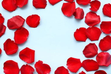 Mavi arka planda güzel kırmızı gül yapraklarından yapılmış çerçeve