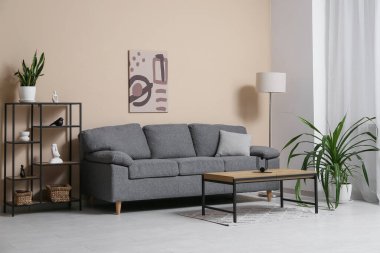 Konforlu kanepe, sehpa ve oturma odasının içindeki raf ünitesi.