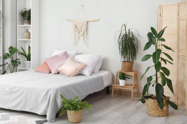 Konforlu yatak, raf ünitesi ve yatak odasının iç tarafındaki saksılar.