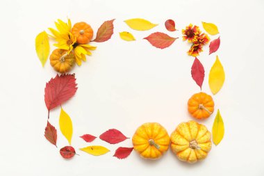 Sonbahar yapraklarından yapılmış çerçeveler. Taze balkabakları ve beyaz arka planda güzel çiçekler.