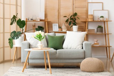 Gri kanepe, bitkiler ve katlanan perdelerle aydınlık oturma odasının içinde.