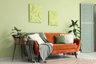 Konforlu kanepe, ev çiçekleri ve oturma odasının içindeki resimler.