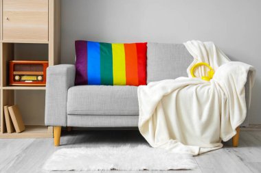 Kanepenin üzerinde LGBT bayrağı renginde yastıkla oturma odası.