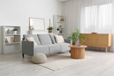 Gri kanepesi ve farklı bitkileri olan modern şık oturma odasının içinde.