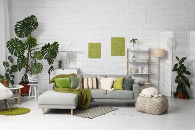 Monstera ev bitkileri, kanepe, raf üniteleri, puf, oturma odasının iç tarafında katlanan ekran.