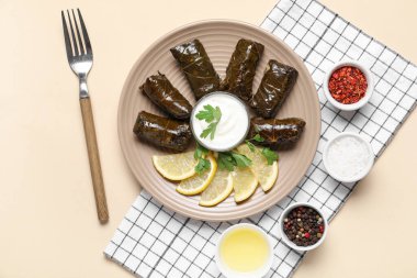 Lezzetli Dolmas tabağı (doldurulmuş üzüm yaprakları), ekşi krema ve renklendirilmiş baharatlar