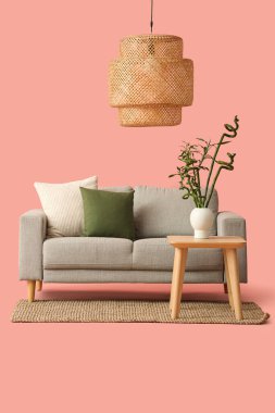 Vazoda, kanepede, halıda ve pembe arka planda bambu saplı masa.