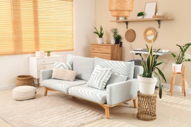 Gri kanepesi, sentezleyicisi ve bitkileri olan şık bir oturma odası.