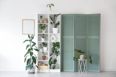 Yeşil bitkilerle, katlanır ekran ve raf ünitesiyle aydınlatma odasının içi